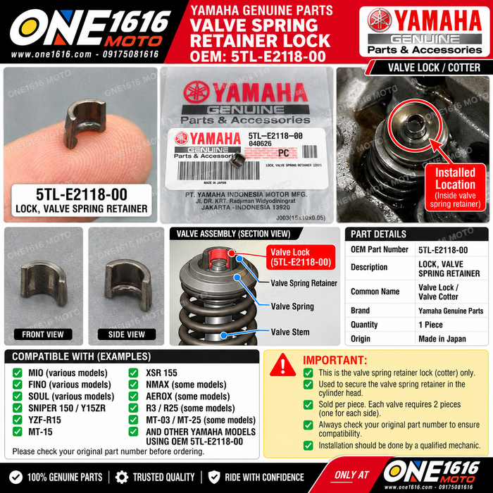 Yamaha Genuine Valve Spring Retainer Lock 5TL-E2118-00 for NMAX Aerox Mio R15 XMAX