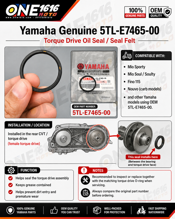 Yamaha Genuine Torque Drive Oil Seal 5TL-E7465-00 Mio Sporty Soul Soulty Fino Nouvo