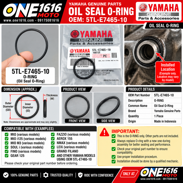 Yamaha Genuine Torque Drive O-Ring 5TL-E7465-10 Mio Sporty Soul Soulty Fino Carb Nouvo