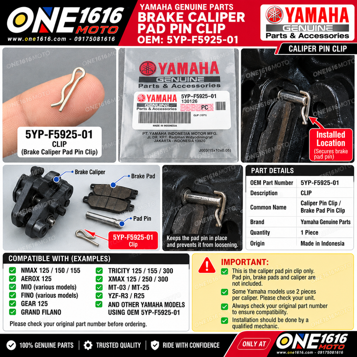 Yamaha Genuine Brake Caliper Pad Pin Clip 5YP-F5925-01 NMAX Aerox Mio Fino XMAX R3 MT03